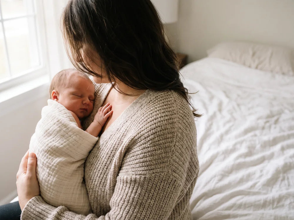 A mother holding her sleeping newborn against her chest at home.