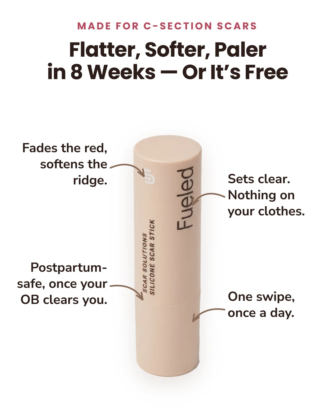 Flatter, softer, paler in 8 weeks or it's free — the Fueled c-section scar stick, with callouts.