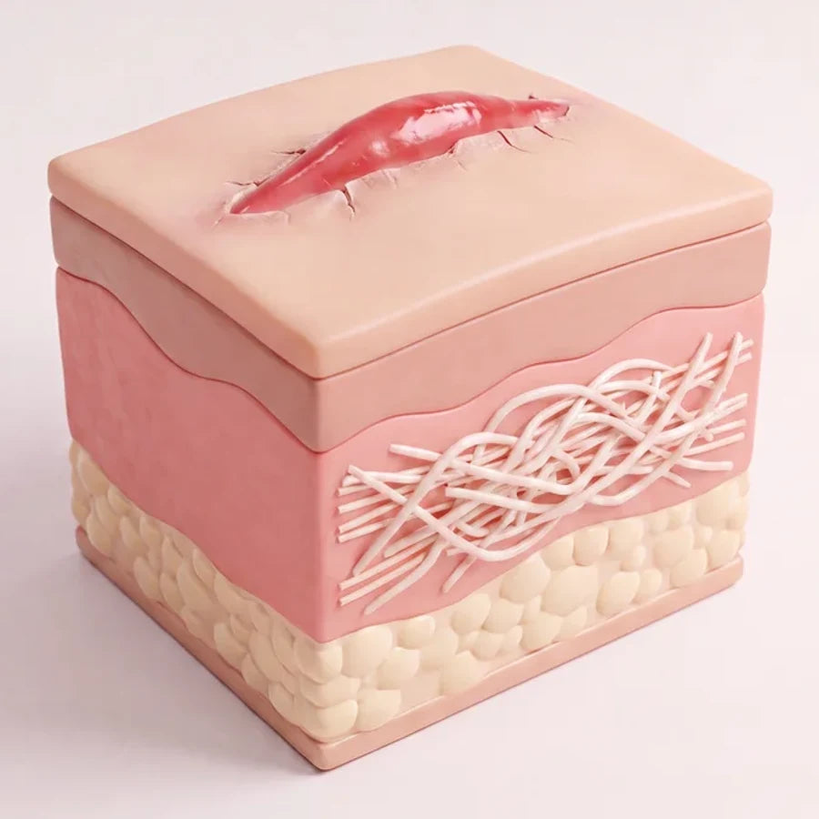 3D cross-section of skin with a thick raised red c-section scar and tangled collagen underneath.