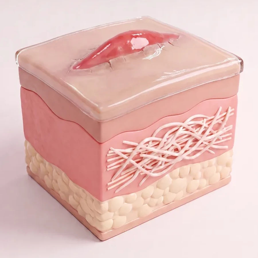 The same block of skin with a clear silicone film lying flat over the raised scar.