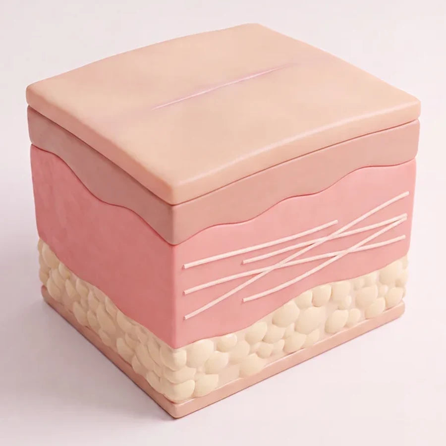 The same block with the scar settled flat and pale and the collagen orderly.
