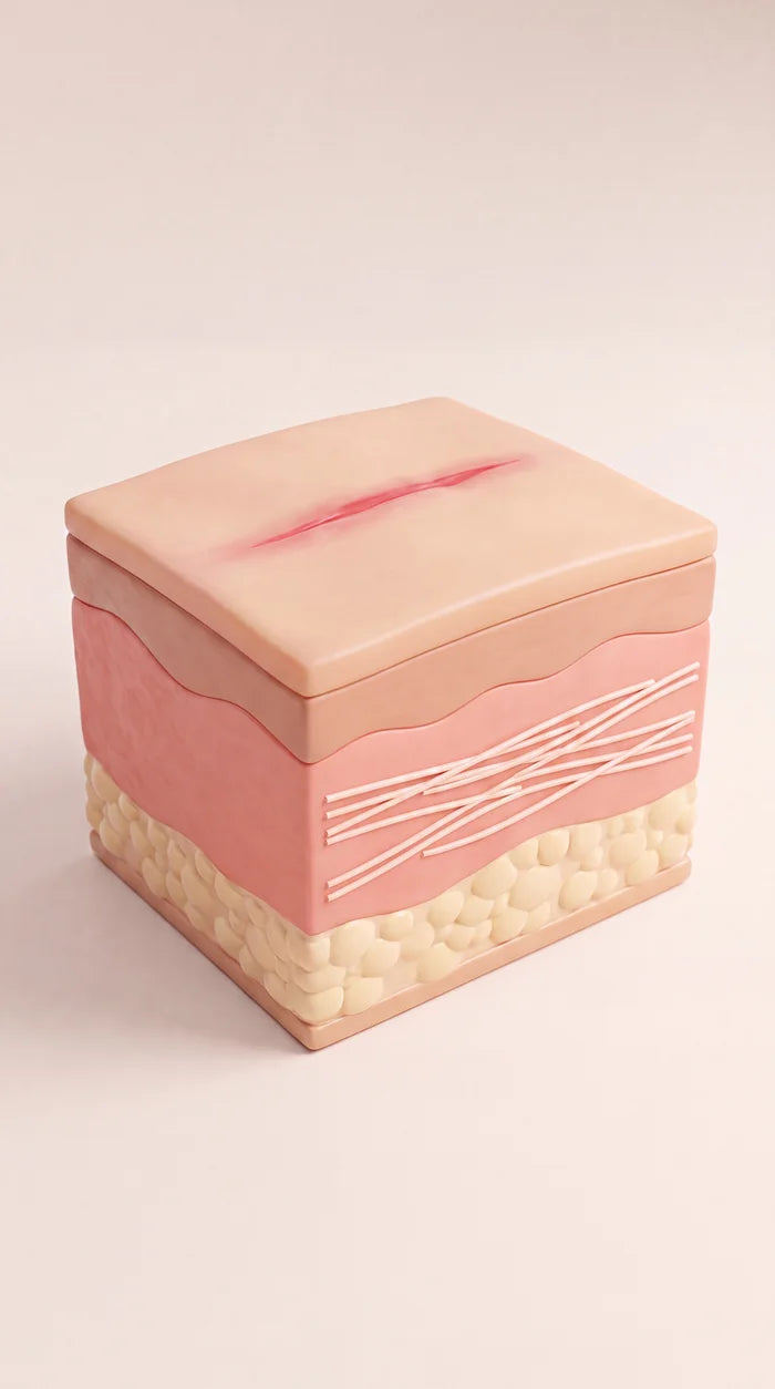 Cross-section of a scar now flat and level with the skin, still coloured.