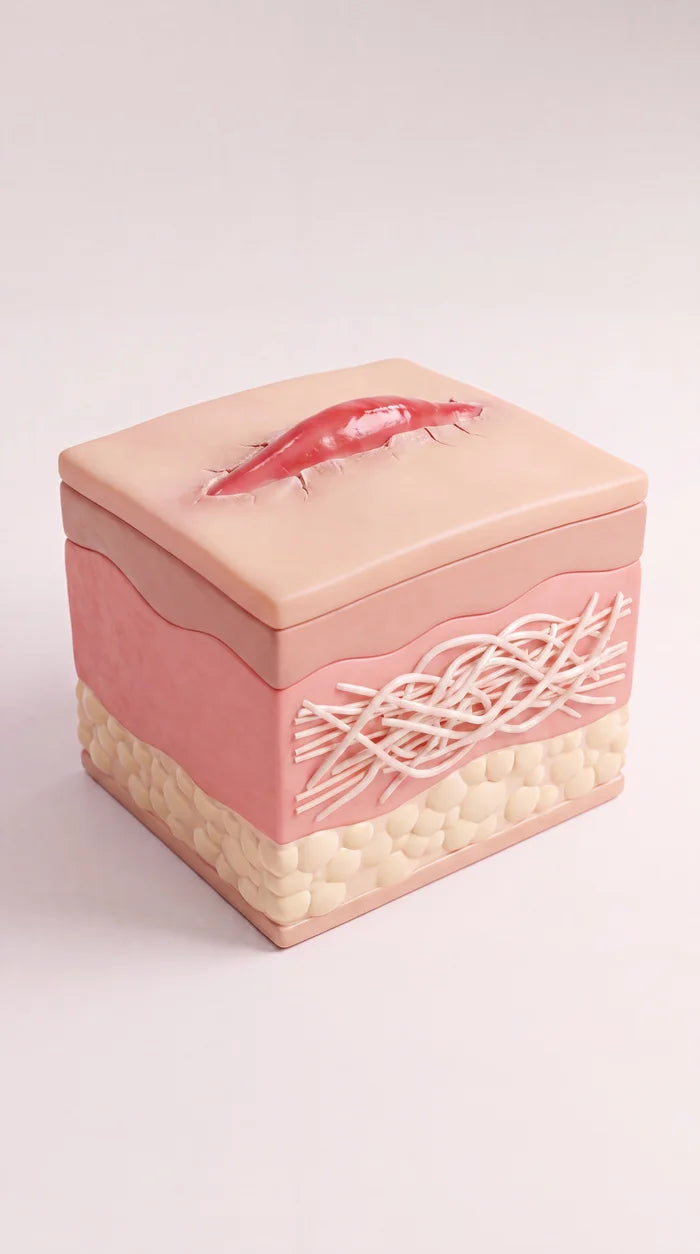 Cross-section of a raised red scar with tangled collagen underneath.